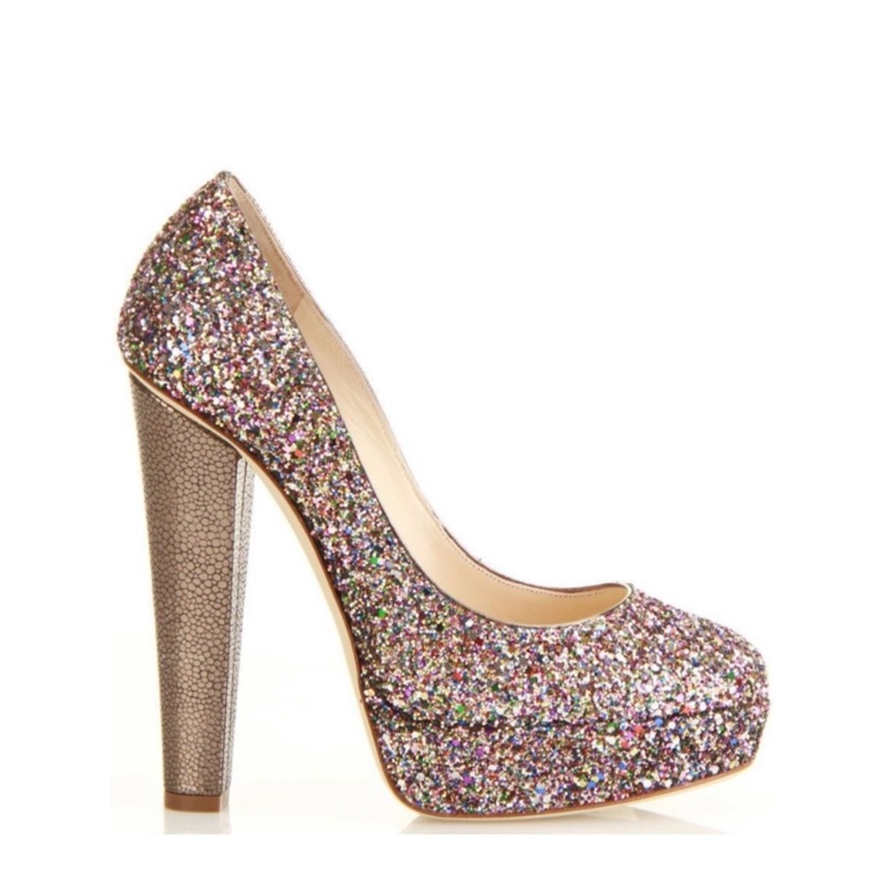 Jimmy Choo Glitter Platform Pumps Multicolor Size 38 US 7 Leather Heels - Picture 2 of 13